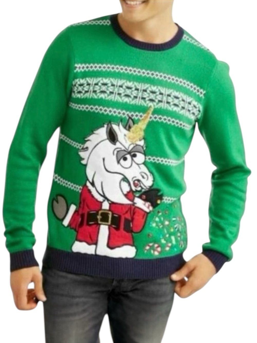 Ugly Christmas Sweater Green and Red with Unicorn Design Size Large L